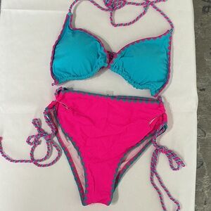 Vibrant Pink and Blue Bikini Set High Waisted Small